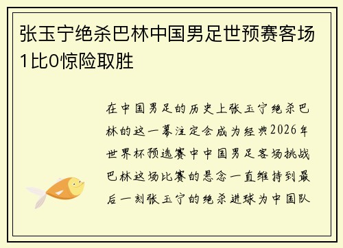 张玉宁绝杀巴林中国男足世预赛客场1比0惊险取胜