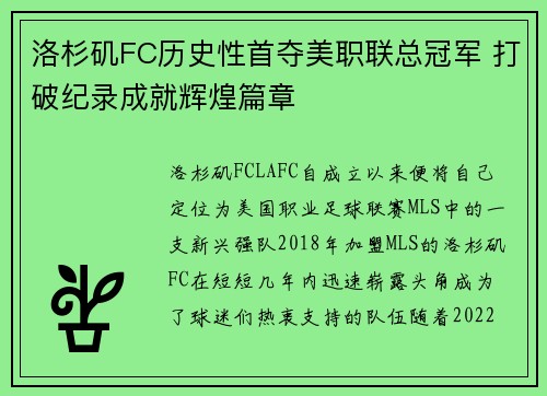 洛杉矶FC历史性首夺美职联总冠军 打破纪录成就辉煌篇章